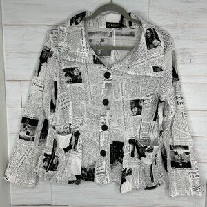 Ki Meng Womens Black and White Newspaper Print Jacket Size Medium Button Closure